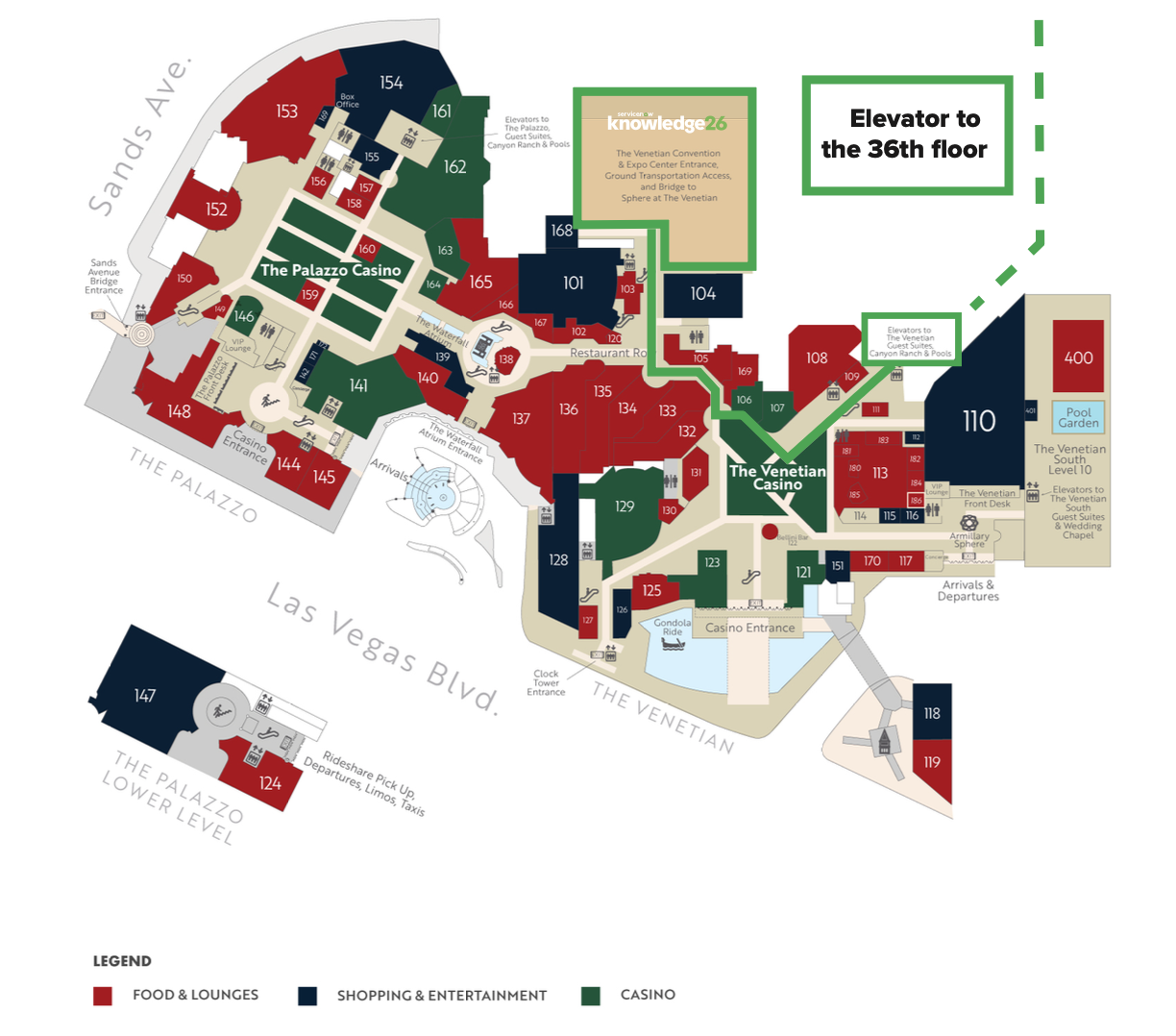 Venetian venue map — green path shows route to Venetian Guest Suites Elevators